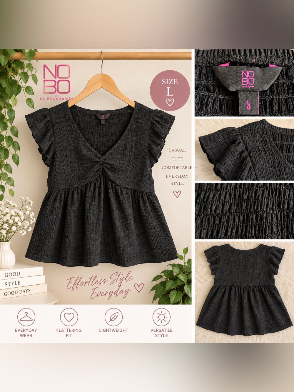 No Boundaries Women’s Black Textured Babydoll Top Size Large Flutter Sleeve